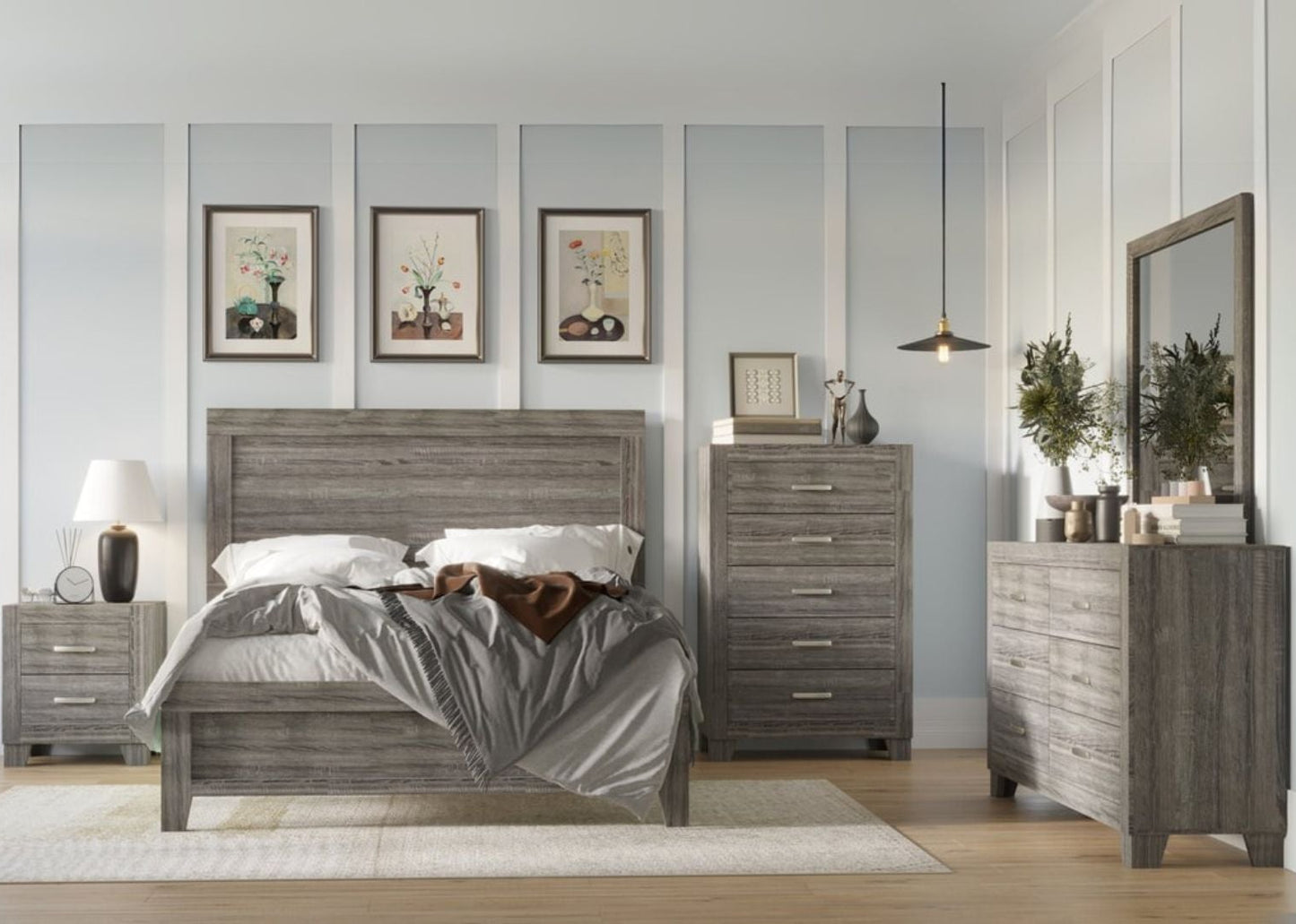 5pcs HH3600 Grey Wood Finish Bedroom Set