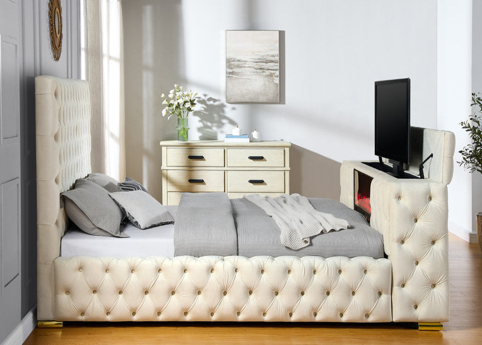 Future Beige Platform Bed Frame with TV Stand