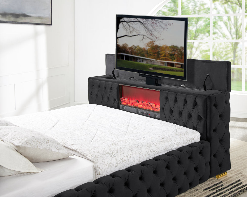 Future Black Platform Bed Frame with TV Stand