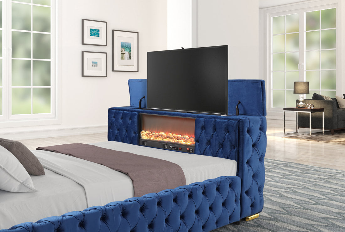 Future Blue Platform Bed Frame with TV Stand