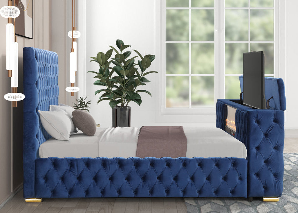 Future Blue Platform Bed Frame with TV Stand