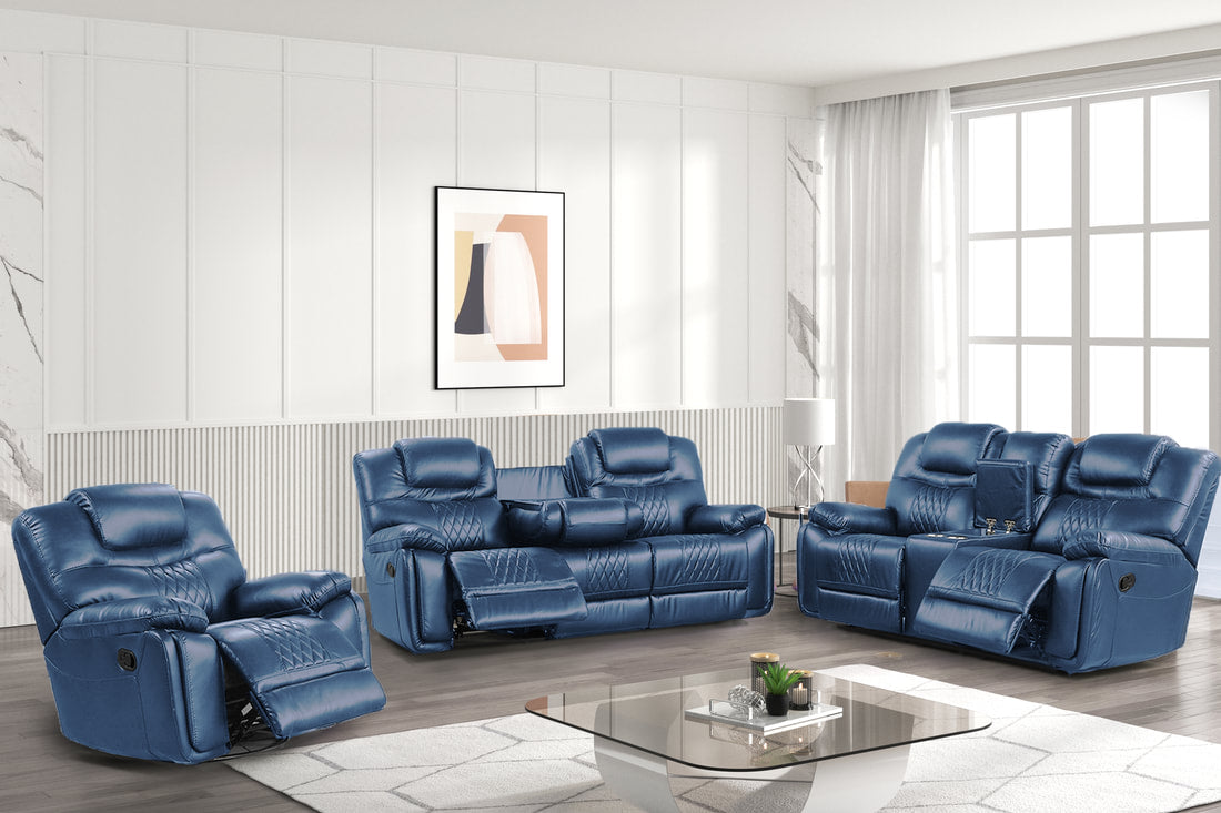 3pcs Galveston Oversized Blue Leather Gel Sofa Reclining Set
