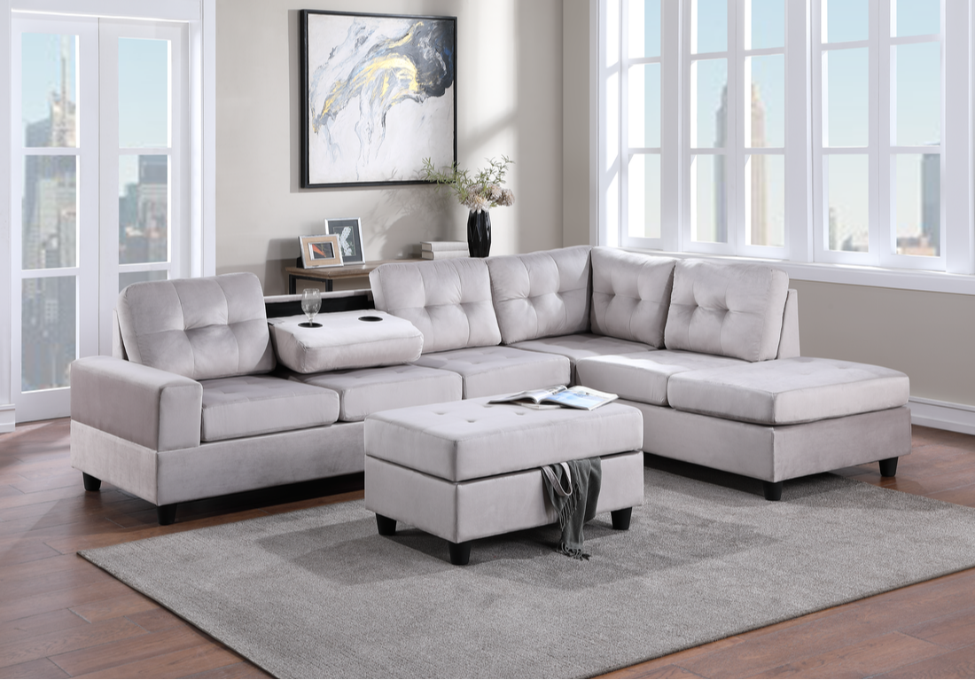 Heights Silver Velvet Reversible Sectional & Storage Ottoman Set