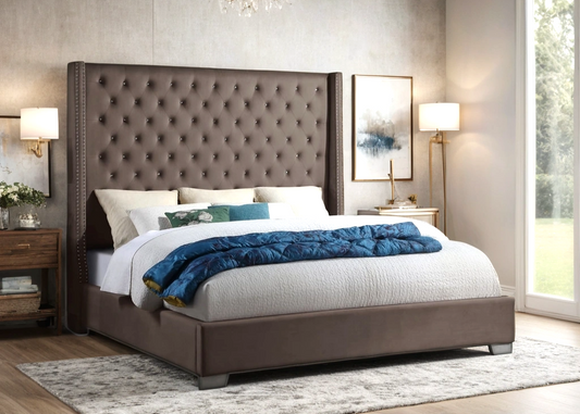 HH224 Mocha Velvet Diamond Tufted 6FT Tall Bed Frame