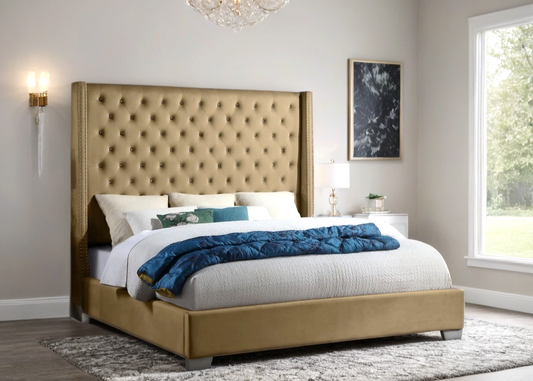 HH225 Gold Velvet Diamond Tufted 6FT Tall Bed Frame