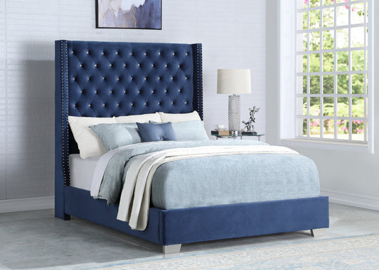 HH327 Blue Velvet Diamond Tufted 6FT Tall Bed Frame