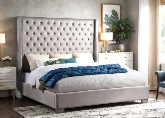 HH327 Silver Velvet Diamond Tufted 6FT Tall Bed Frame
