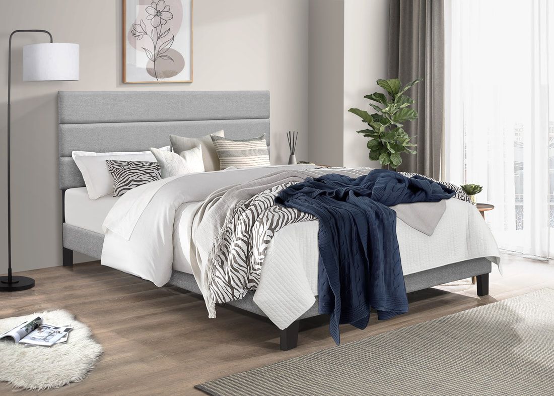 HH610 Grey Linen Platform Bed Frame