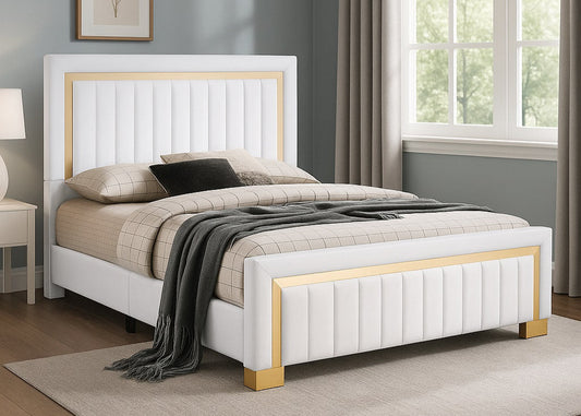 HH810 Beige Velvet Bed Frame with Golden Trim