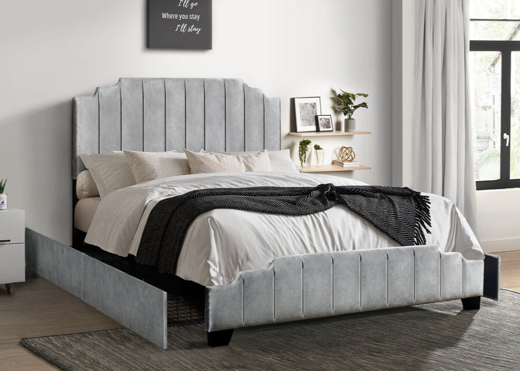 HH970 Grey Velvet Platform Bed w/ Side Storage