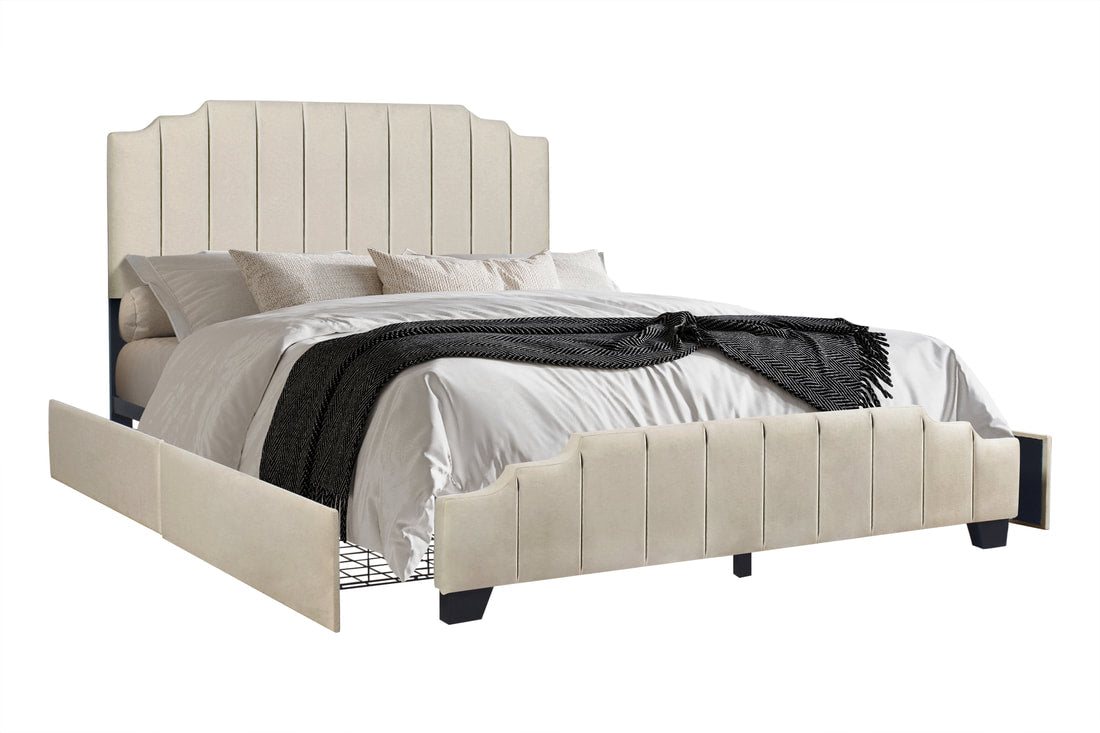 HH975 Beige Velvet Platform Bed w/ Side Storage