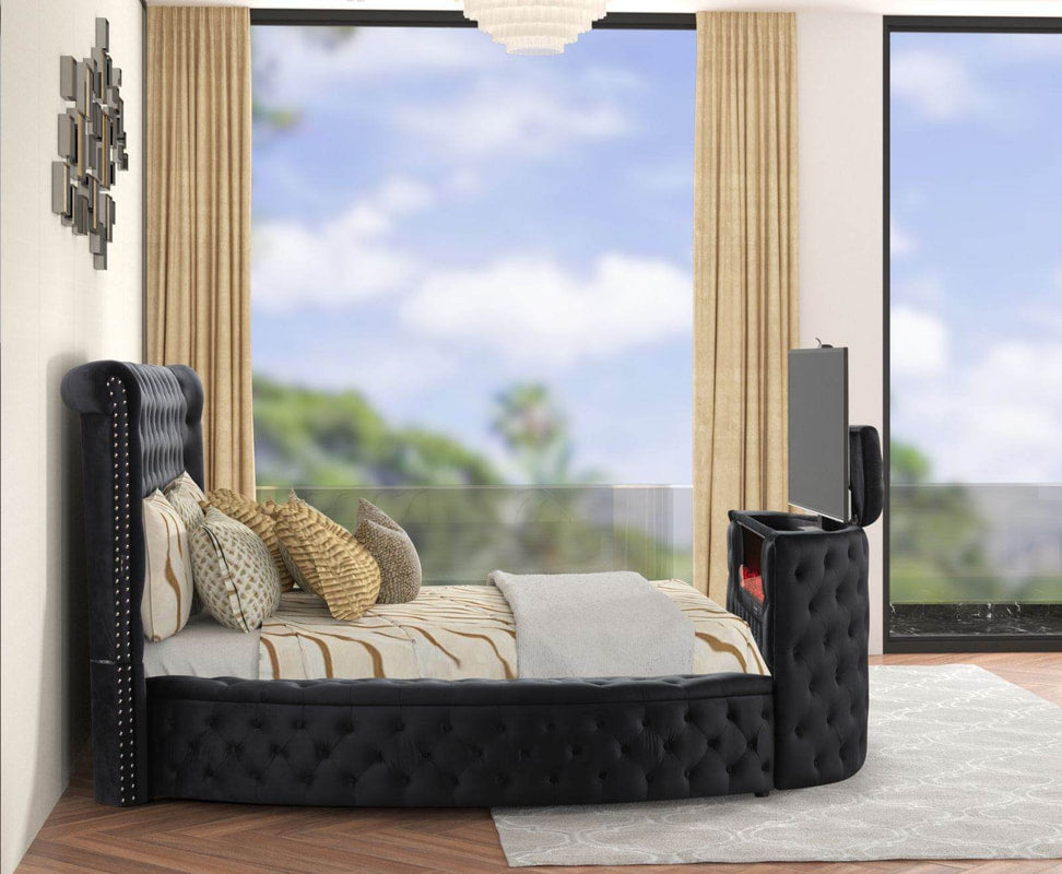 Patron Black Platform Bed Frame with TV Setup & Fireplace