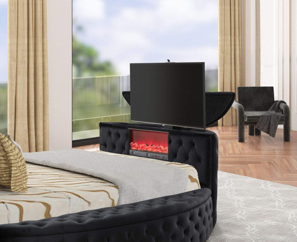 Patron Black Platform Bed Frame with TV Setup & Fireplace