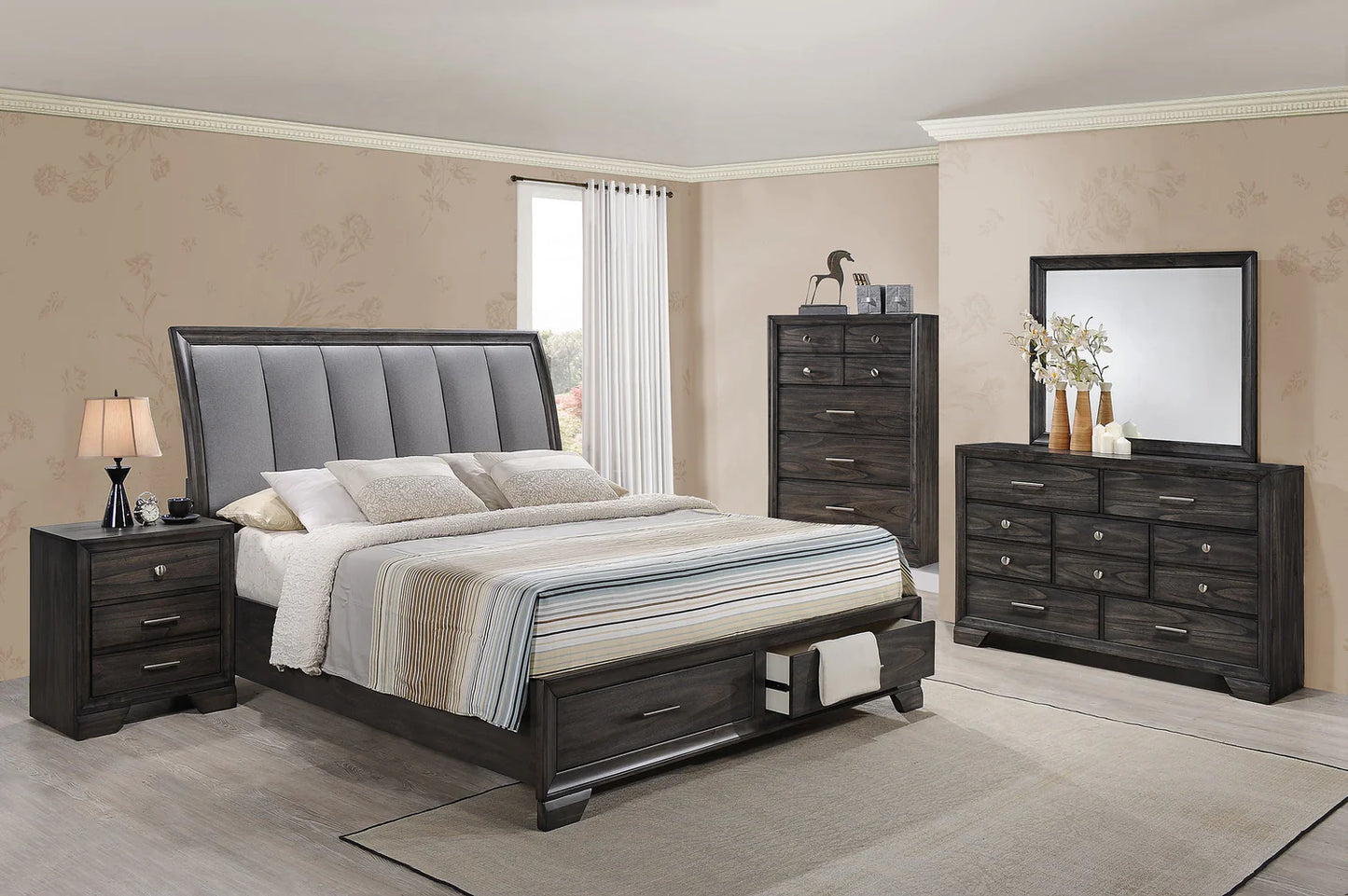 5pcs Jaymes Grey Wood Finish Bedroom Set
