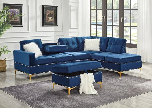 Joy Blue Velvet Nailhead Trim Sectional & Ottoman