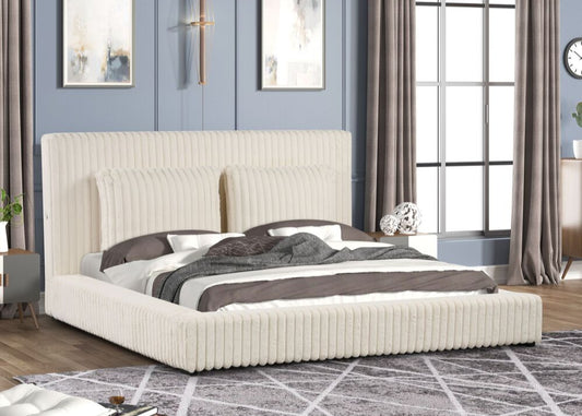 Lauren Beige Fabric Platform Bed with USB Ports
