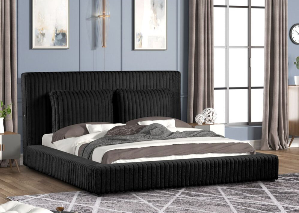 Lauren Black Fabric Platform Bed with USB Ports