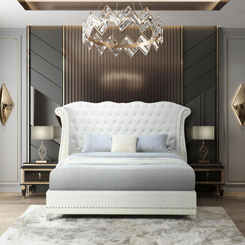 Luxor White Velvet Diamond Tufted Platform Bed Frame
