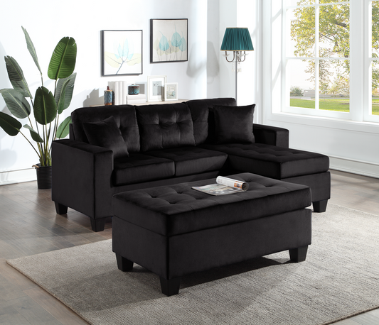 Naomi Black Velvet Reversible Sectional & Ottoman Set