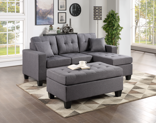 Naomi Grey Linen Reversible Sectional & Ottoman Set