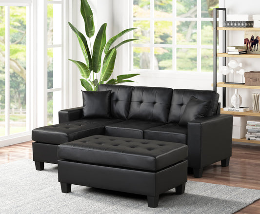 Naomi Black PU Reversible Sectional & Ottoman Set