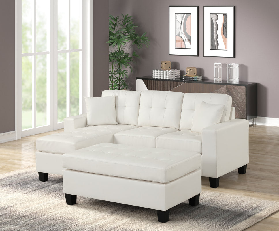 Naomi White PU Reversible Sectional & Ottoman Set