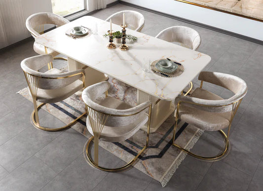 7pcs Santana Ivory Marble Finish Dining Set