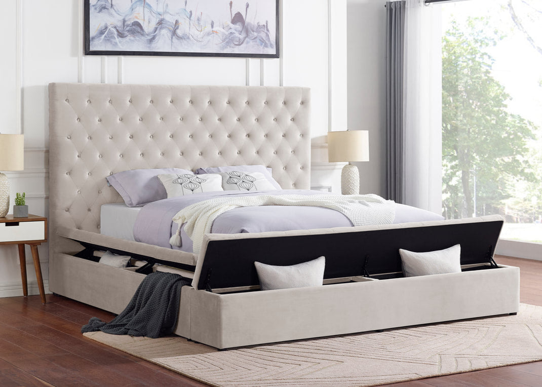 Paris Beige Velvet Tufted Storage Platform Bed Frame