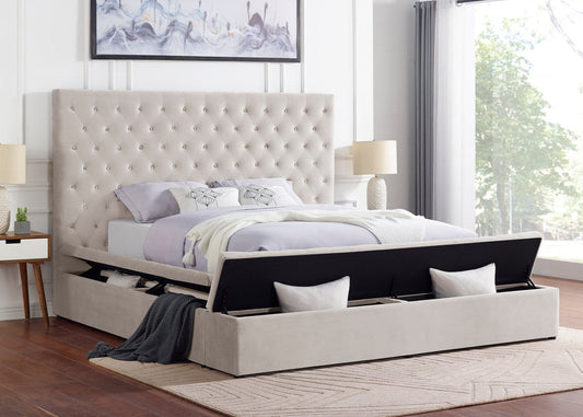 Paris Beige Velvet Tufted Storage Platform Bed Frame