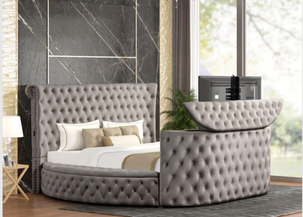 Patron Gray Platform Bed Frame with TV Setup
