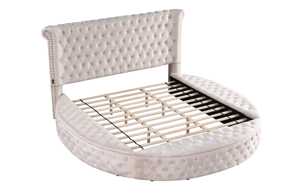 Penthouse Beige Tufted Round Storage Platform Bed Frame w/ USB