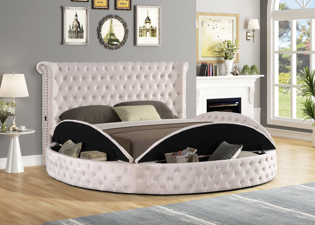 Penthouse Beige Tufted Round Storage Platform Bed Frame w/ USB