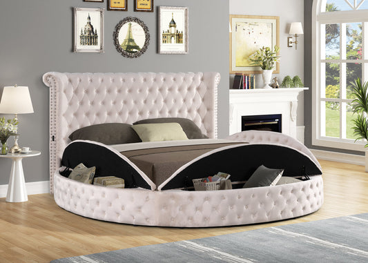 Penthouse Beige Tufted Round Storage Platform Bed Frame w/ USB