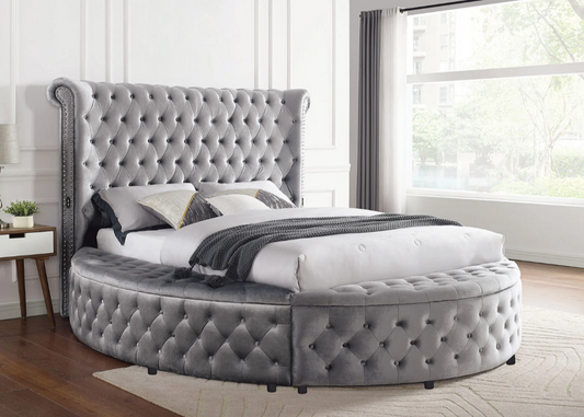 Penthouse Grey Tufted Round Storage Platform Bed Frame w/ USB
