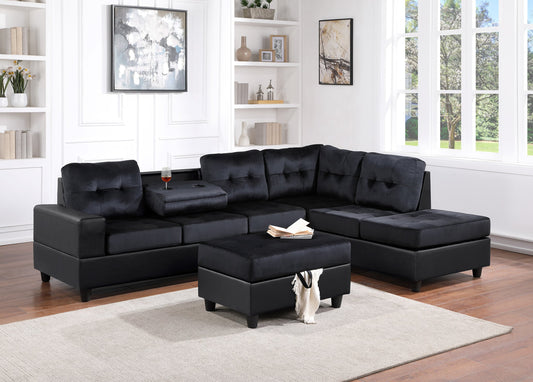 Heights Black Velvet & PU Leather Reversible Sectional & Ottoman Set
