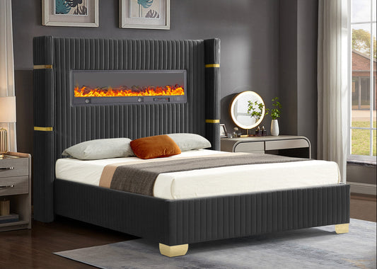 Romance Black Fireplace Velvet Platform Bed Frame