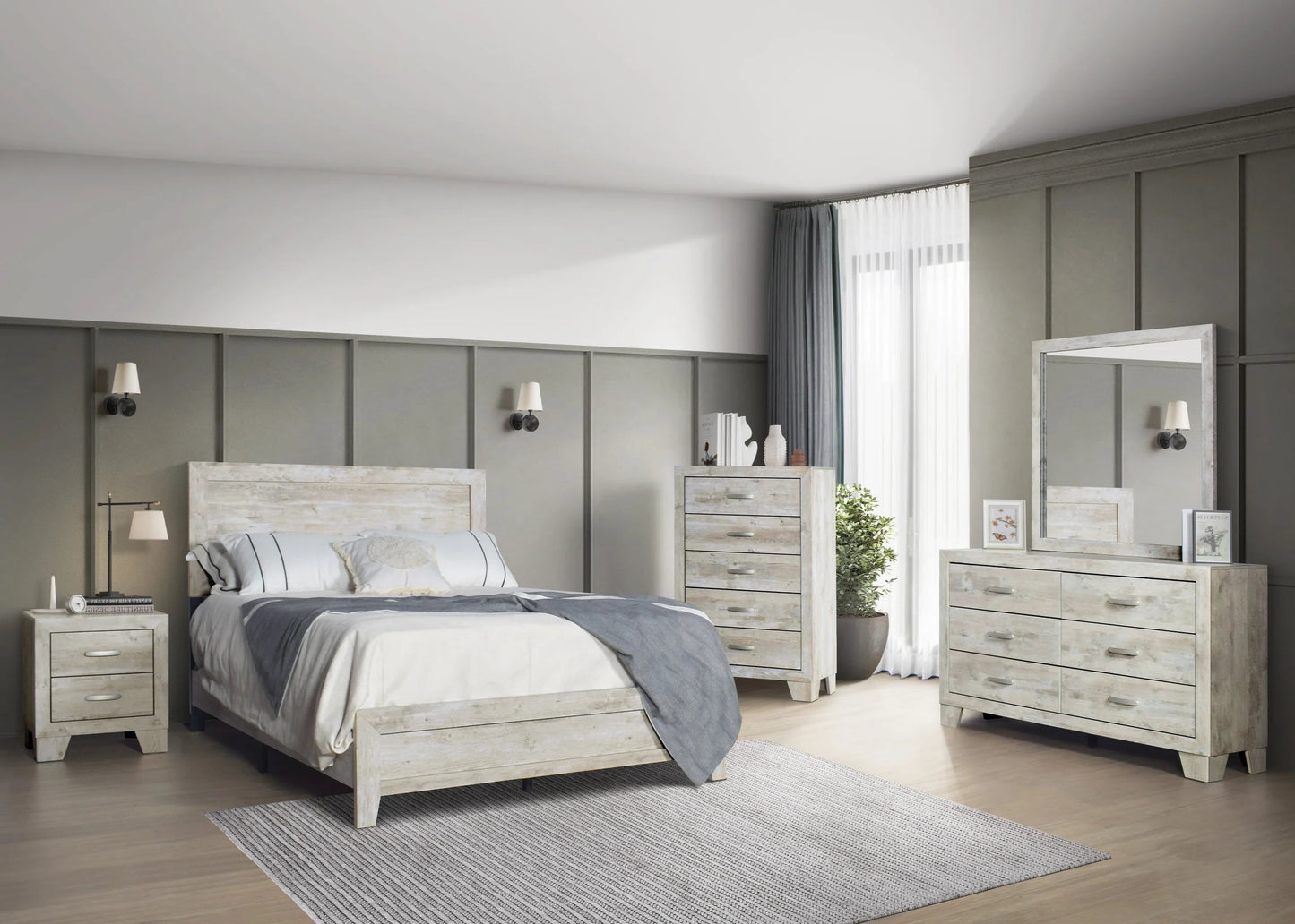 5pcs Ashley B4804 Warm White Wood Finish Bedroom Set