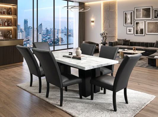 1220 PU Black - (FAUX MARBLE) Dining Table + 6 Chair Set