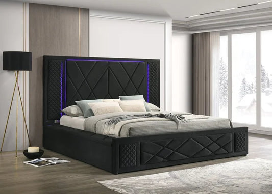Lorenzo Black Platform Bed (w/ LED LIGHTS & BLUETOOTH SPEAKERS) - Queen, King - QUEEN