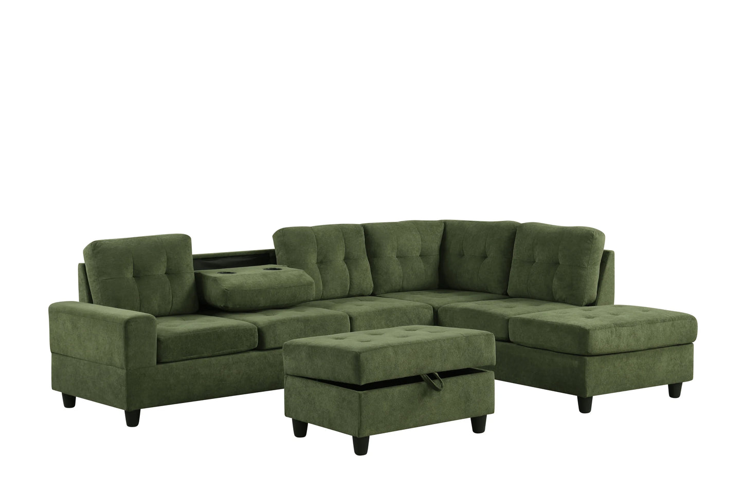 42Heights Green Reversible Sectional & Storage Ottoman