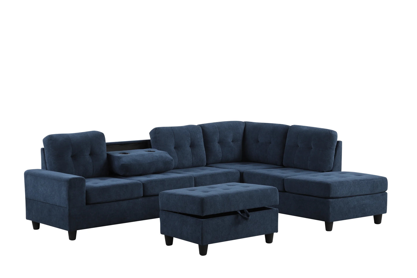44Heights Navy Blue Reversible Sectional & Storage Ottoman