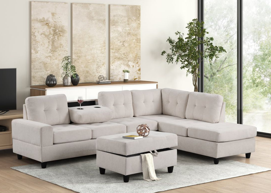 45Heights Beige Reversible Sectional & Storage Ottoman