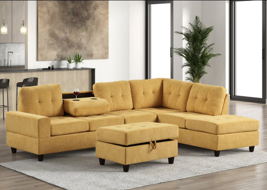 47Heights Mustard Reversible Sectional & Storage Ottoman