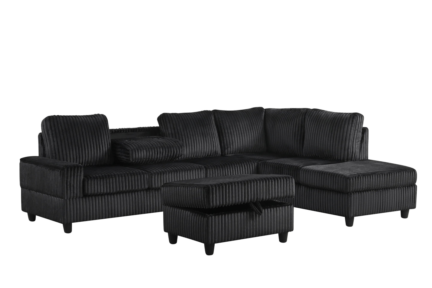 48Heights Black Fabric Reversible Sectional & Storage Ottoman