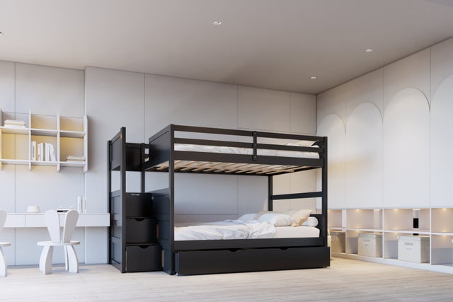 BB52 FULL/FULL Bunk Bed w/Twin Trundle + Staircase Storage