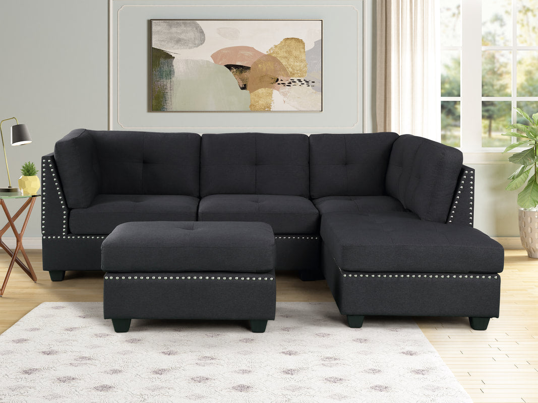 Sienna Black Linen Plush Sectional & Ottoman Set