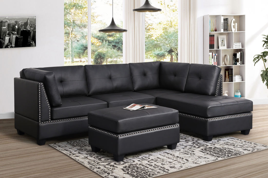 Sienna Black PU Leather Sectional & Ottoman Set