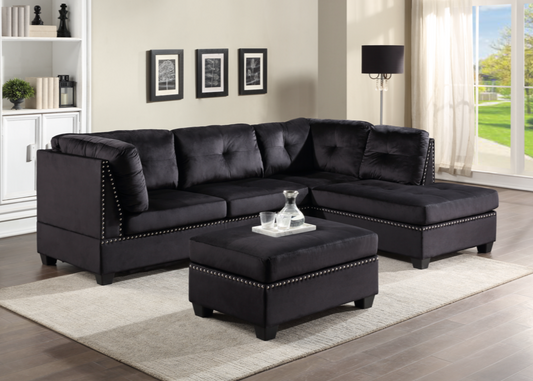 Sienna Black Velvet Sectional & Ottoman Set