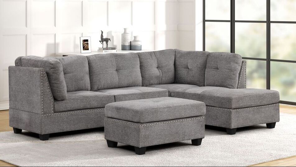 Sienna Grey Fabric Sectional & Ottoman Set