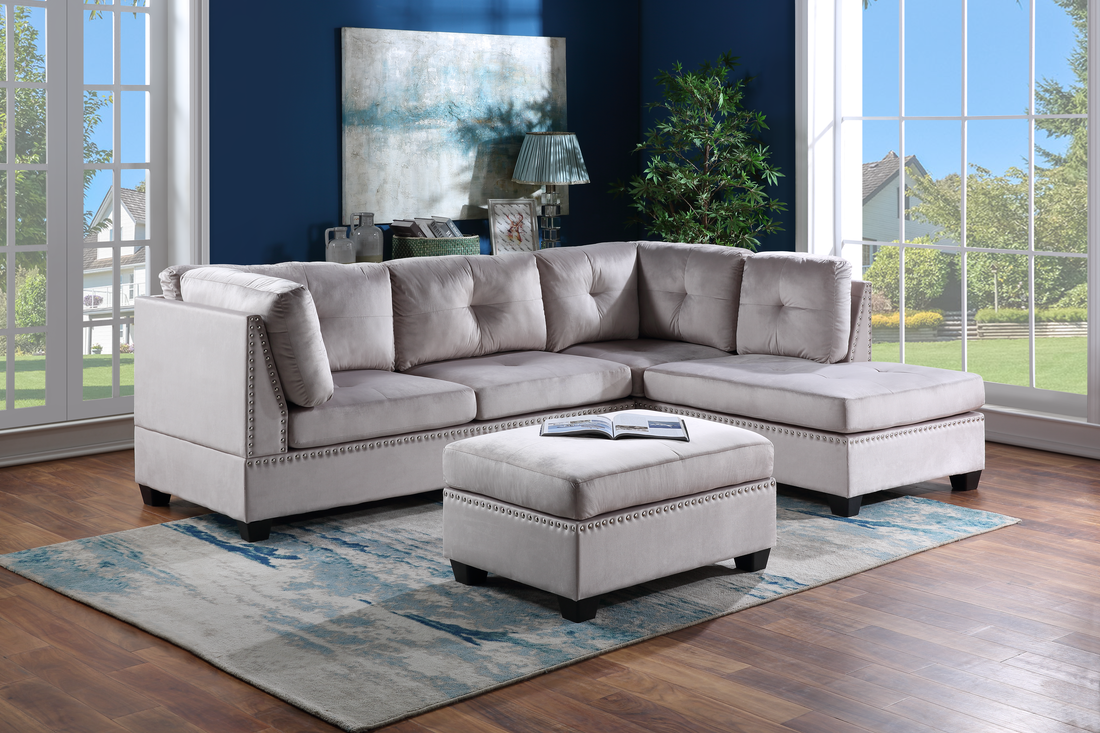 Sienna Silver Velvet Sectional & Ottoman Set